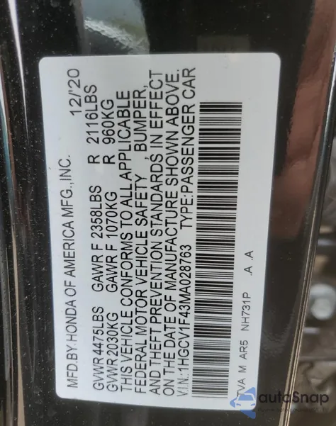 2021 Honda Accord Sport Se z USA, uszkodzony, nr VIN 1HGCV1F43MA028763